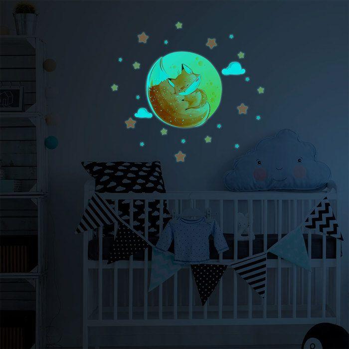 Sticker phosphorescent lumineux - RENARD RÊVEUR + 50 ÉTOILES - Autocollant mural plafond enfant fluorescent - 30x40cm