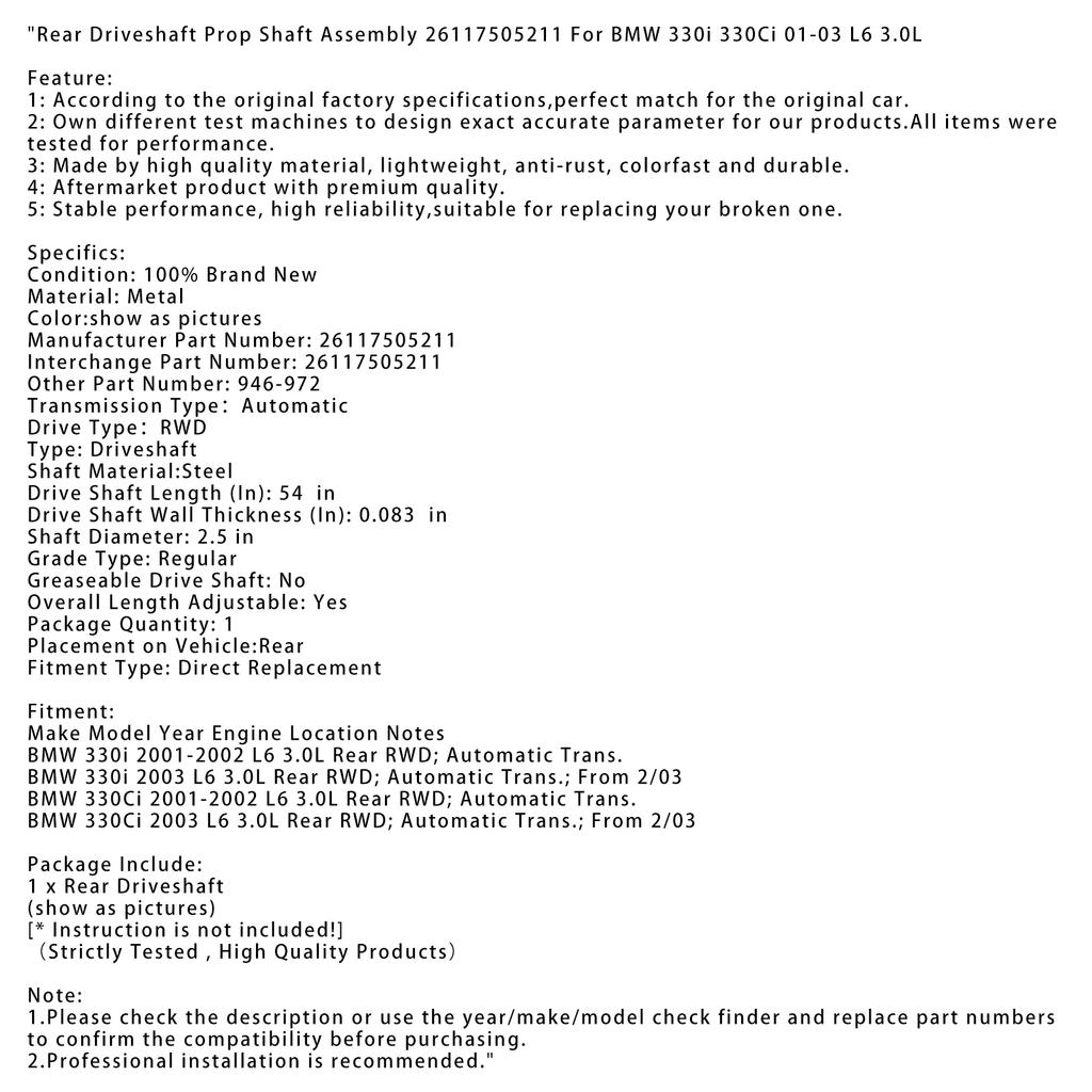 Rear Driveshaft Prop Shaft Assembly 26117505211 For BMW 330i 330Ci 2001-2003 L6 3.0L