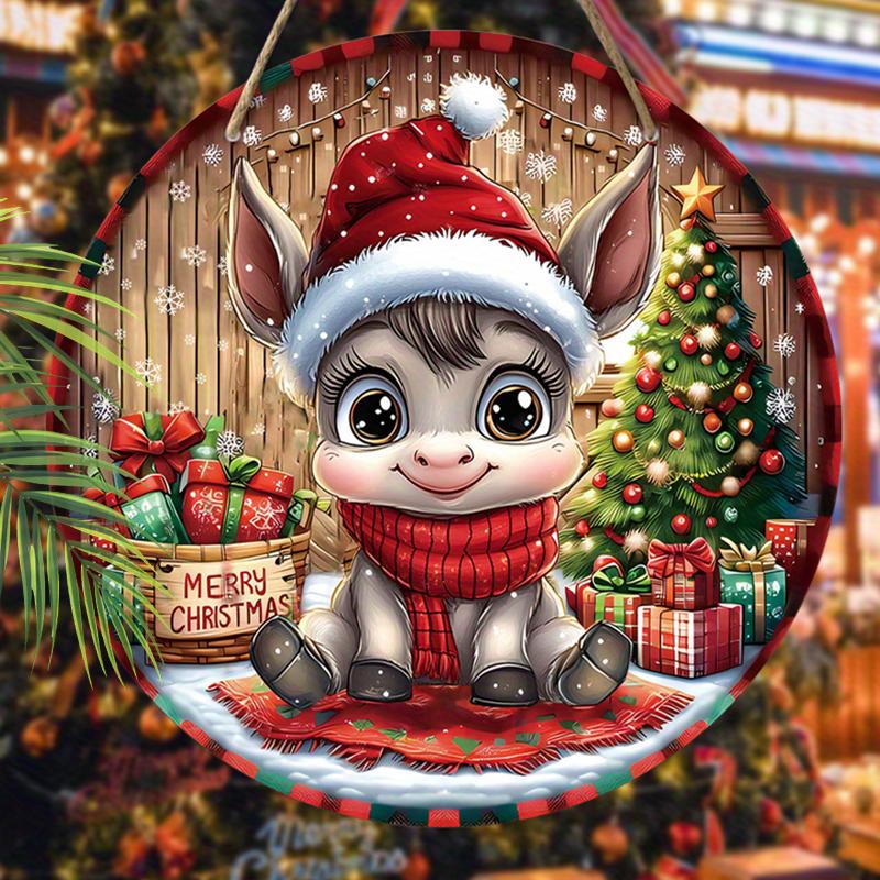 Christmas Cute Donkey Merry Christmas Round Wooden Hanging Sign, 2D Flat Printed Wall Door Ornament, Xmas Home Porch Holiday Decor Gift