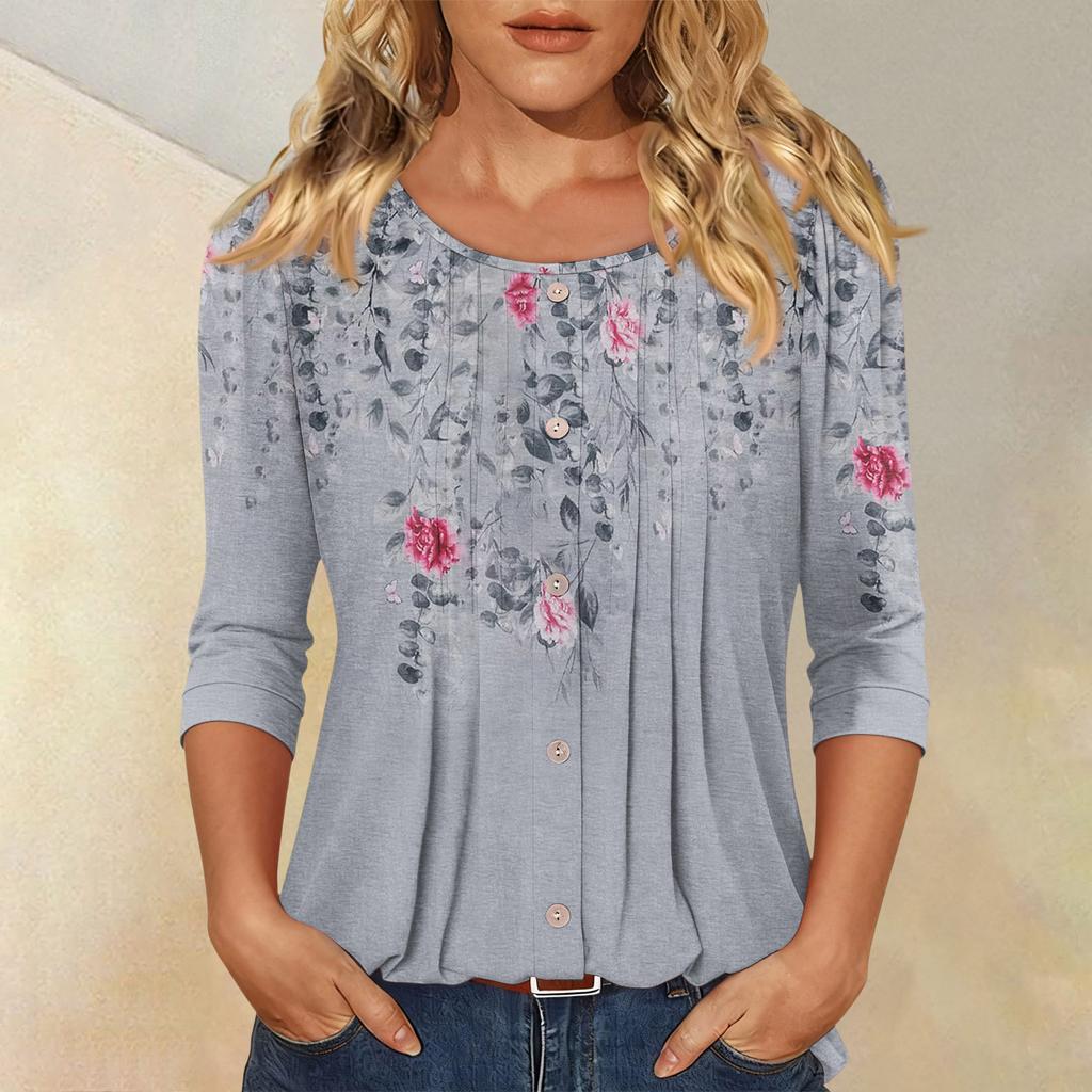 Women's Fashionable Casual Three,quarter Sleeve Button,down Retro Floral Round Neck Top