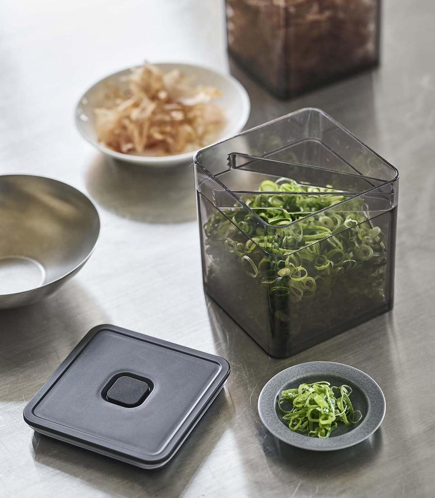 Yamazaki Tower Square Storage Container with Tongs and Valve, Black, Approx. W9.2 X D9.2 X H10.2cm, 5468, for Condiments and Seaweed