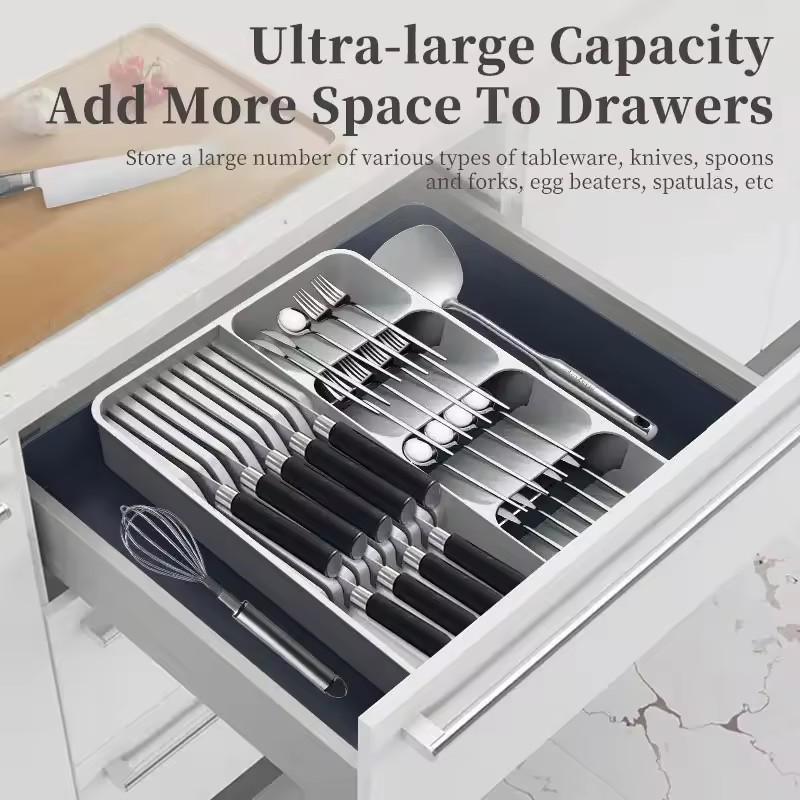 Expandable Silverware Drawer Organizer with Knife Holder Adjustable Flatware and Cutlery Tray for Spoons Forks Kitchen Utensil