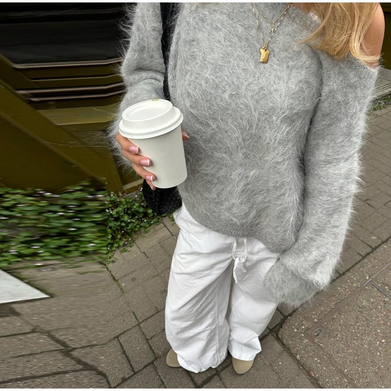 

Пуловер без бретелек из мохера с длинными рукавами Женский однотонный пуловер Короткий топ-свитер Разнообразие цветов на выбор Свитеры L серый