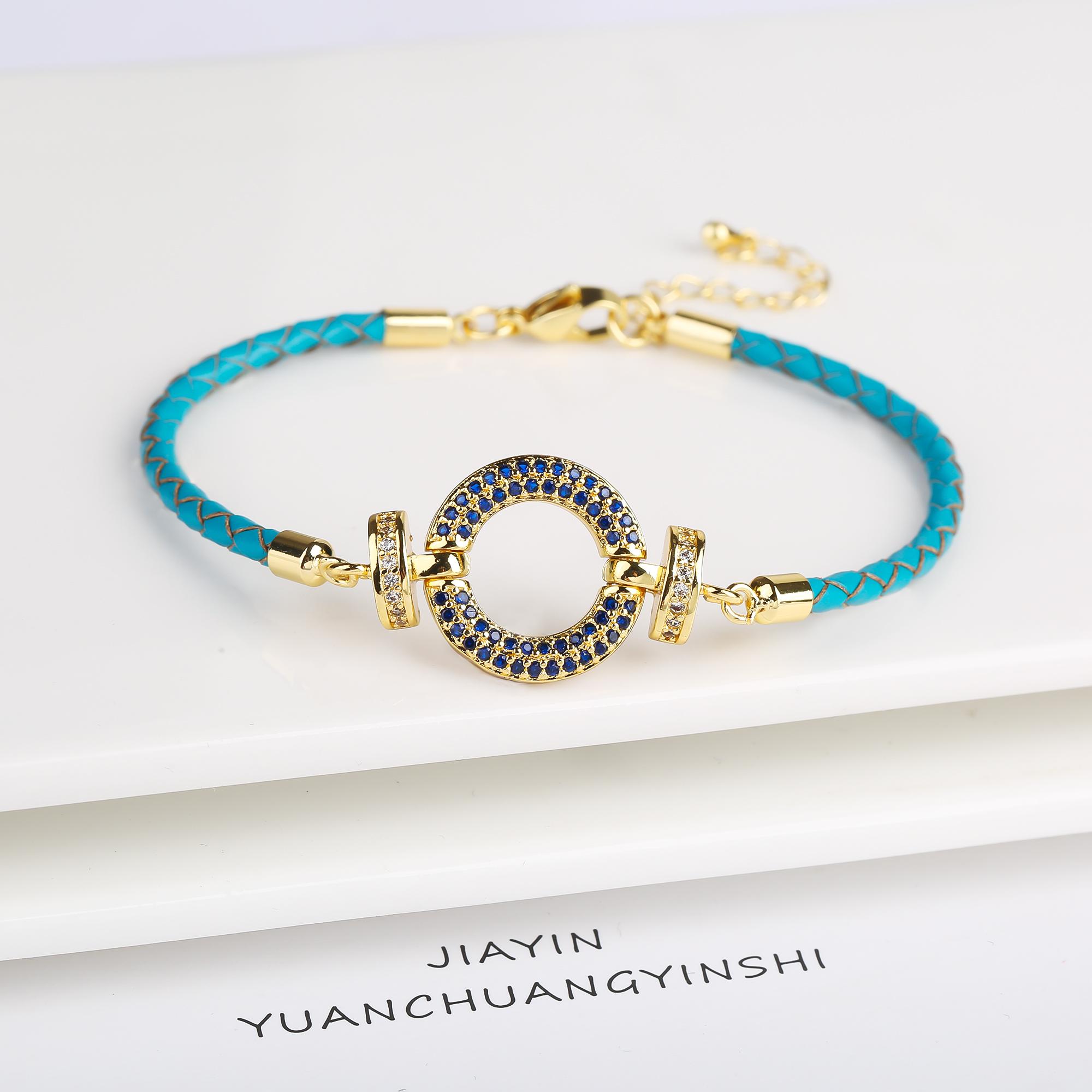 

Trendy Colored Round Zirconia Accessory Leather Braided Adjustable Bracelet High Quality Party Holiday Zircon Gift For Women темно-синього кольору