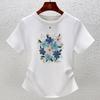 White Crew Neck Shirt Women's Short-sleeved Cotton Top Heavy Industry Embroidery Flower Retro Slim Design Versatile Summer