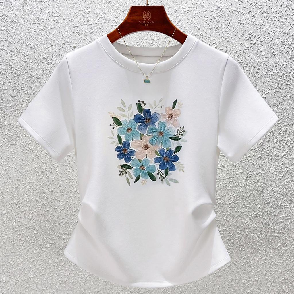 White Crew Neck Shirt Women's Short-sleeved Cotton Top Heavy Industry Embroidery Flower Retro Slim Design Versatile Summer
