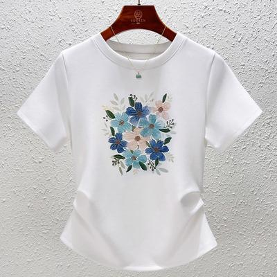 White Crew Neck Shirt Women's Short-sleeved Cotton Top Heavy Industry Embroidery Flower Retro Slim Design Versatile Summer