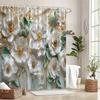 Luxe Witte & Lichtgroene Bloemen Douchegordijn, Parelmoer op Gouden Verloop Achtergrond, Romantische Badkamer Decoratie Cadeau