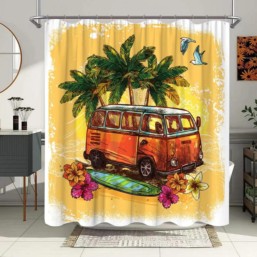 Vintage Letnie Wakacje Retro Bus Camper Van Zasłony Prysznicowe Deska Surfingowa Palma Łazienka Wystrój Domu Zasłona do Wanny z Haczykami