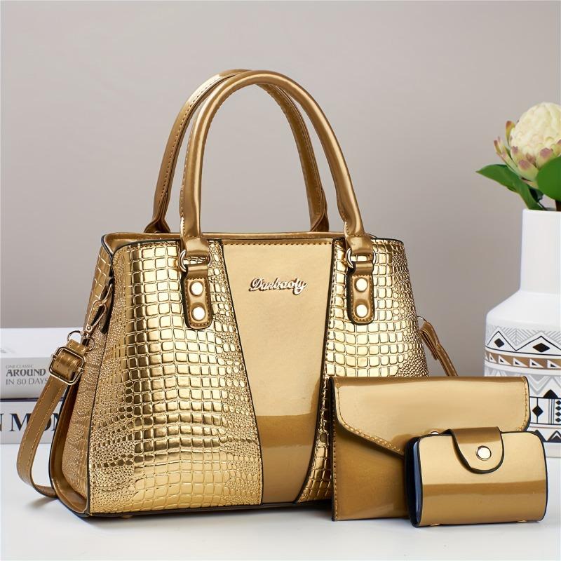3-teiliges Elegantes PU Handtaschen-Set, Krokodilmuster Große Kapazität Umhängetasche mit Münzfach und Kartenhalter, Geprägte Tragetasche