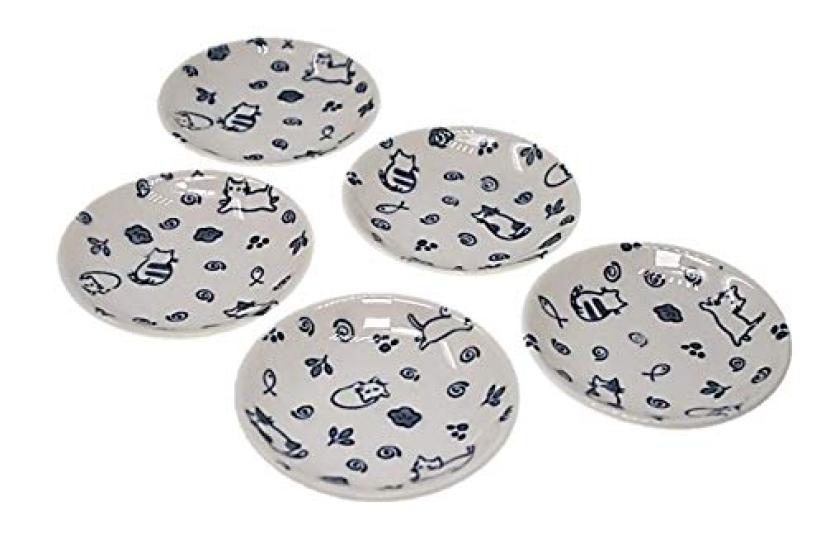 Set of 5 8cm Cat Small Made in Nyankichi ACS WEB SHOP Plates, Porcelain, Japan, Blue,