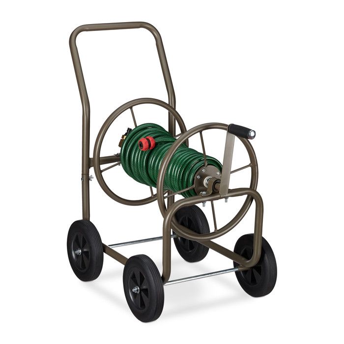 Relaxdays Extra-large Hose Reel Cart, Metal Mobile Drum, for 60 M Hose, 90° Winding, with Wheels, Brown
