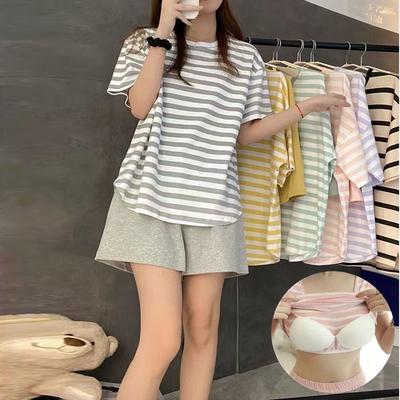 Summer Self Chest Pad Pajamas Extra Large Size Women Striped Student Pajamas Striped Short Sleeve Shorts Easy Clean Pajamas Two Piece Sets