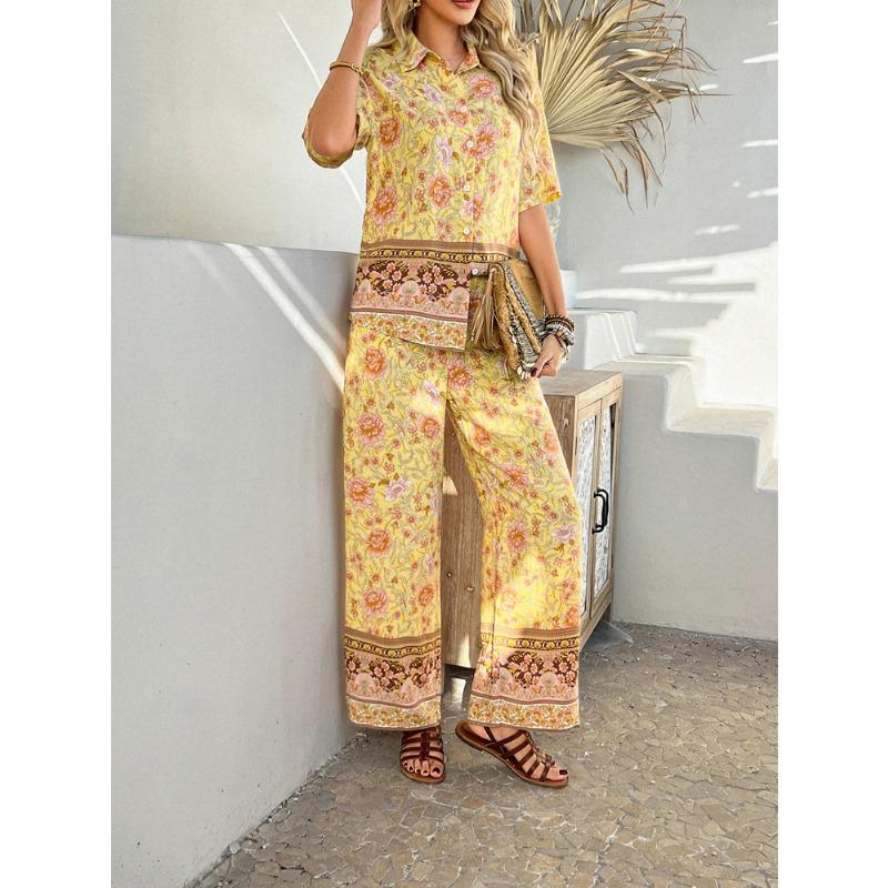 Women's Summer Print Contrasting Color Bohemian Vacation Short-sleeved Long Trousers Set