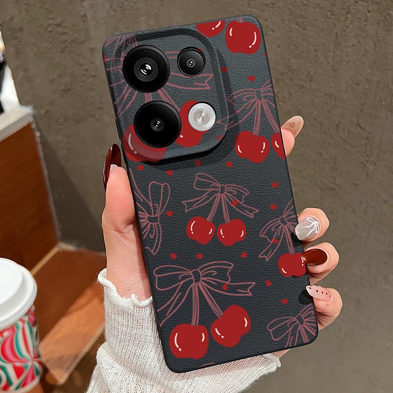 Cherry Bowknot Print Slim Soft Phone Case For Xiaomi 13T Pro Poco X7 X6 M6 Redmi 13C Note 14 13 Pro 12 11 Matte TPU Leather Texture Shockproof Cover