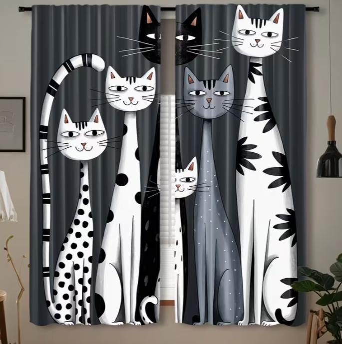 2pcs, Rustic Animal Cat Curtains, Decorate Window Rod Pocket Mount Printed Curtains Polyester Material, Suitable for Living Room