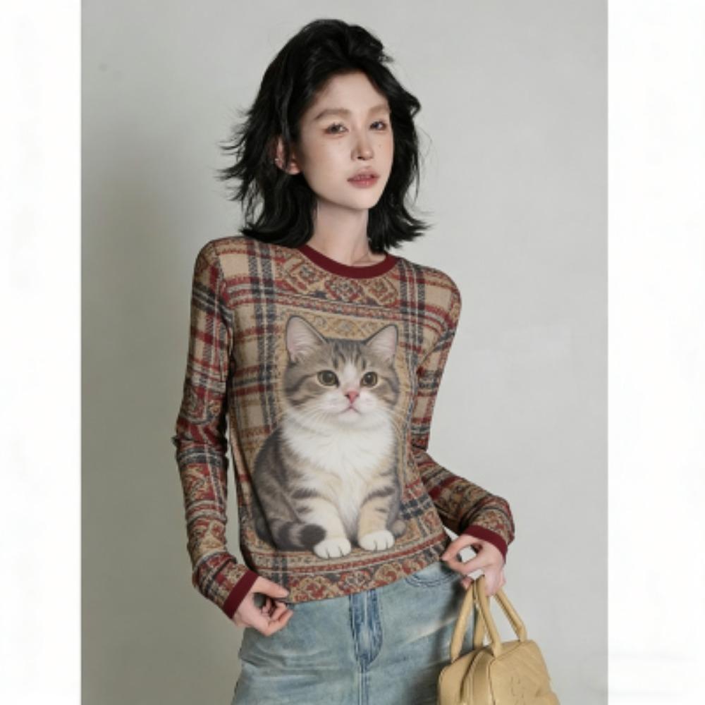 Spring Europe America Fashion Fun Cat Print Women's T-shirt Casual Pullover Women Long Sleeve Clothing Outdoor Street Tees Top