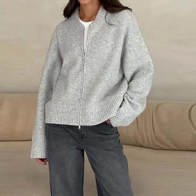 Women Casual O-Neck Knit Cardigan Autumn Winter Loose Long Sleeve Zipper Sweater Vintage Solid All-matching Knitwear