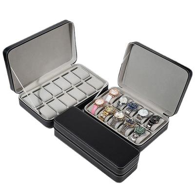 Portable Black and Blue-Gray Leather Zipper Watch Box with 6, 10, or 12 Slots - Flip-Top Jewelry Storage