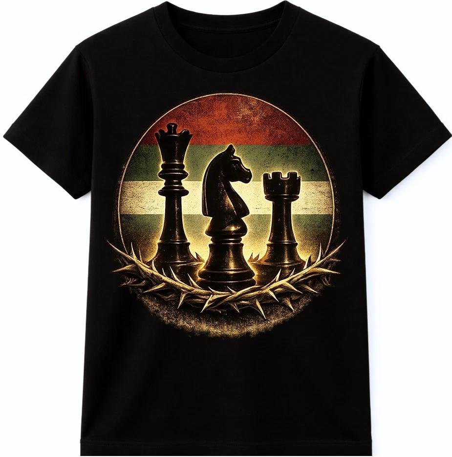 Vintage Chess Pieces Graphic T-Shirt King Knight Rook Strategy Game Design Tee XXXL