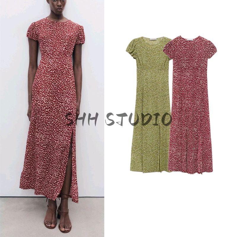 Summer New Arrival Women's French Floral Holiday Side Slit Puff Short Sleeve Straight-leg Dress 17073793