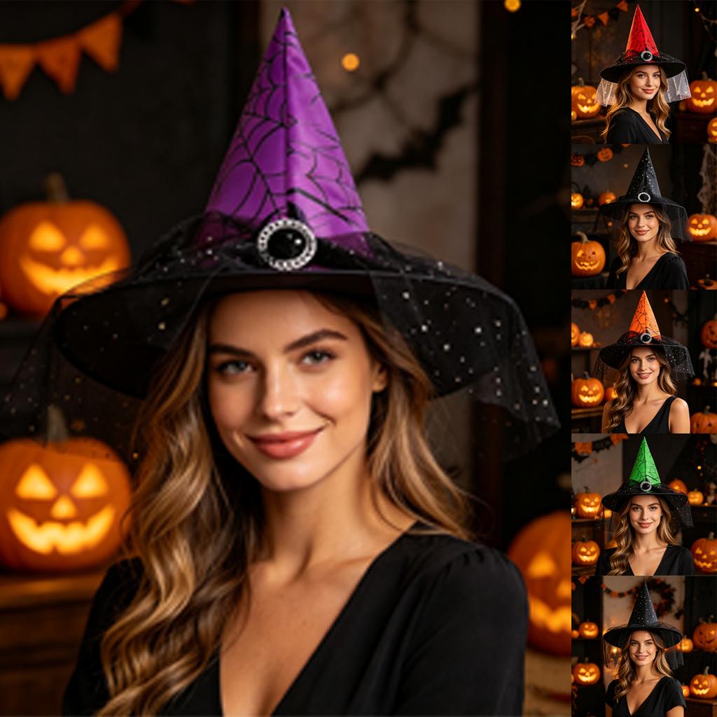 Women's Witch Hat with and Tulle for Halloween Costume Party, Adult Dress-Up Accessory