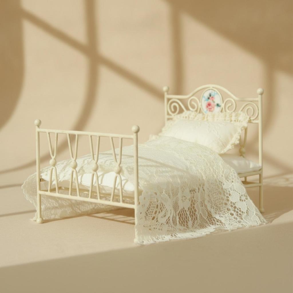 Bed with Bedding Vintage Miniature Metal Ornate Furniture for Collectors,