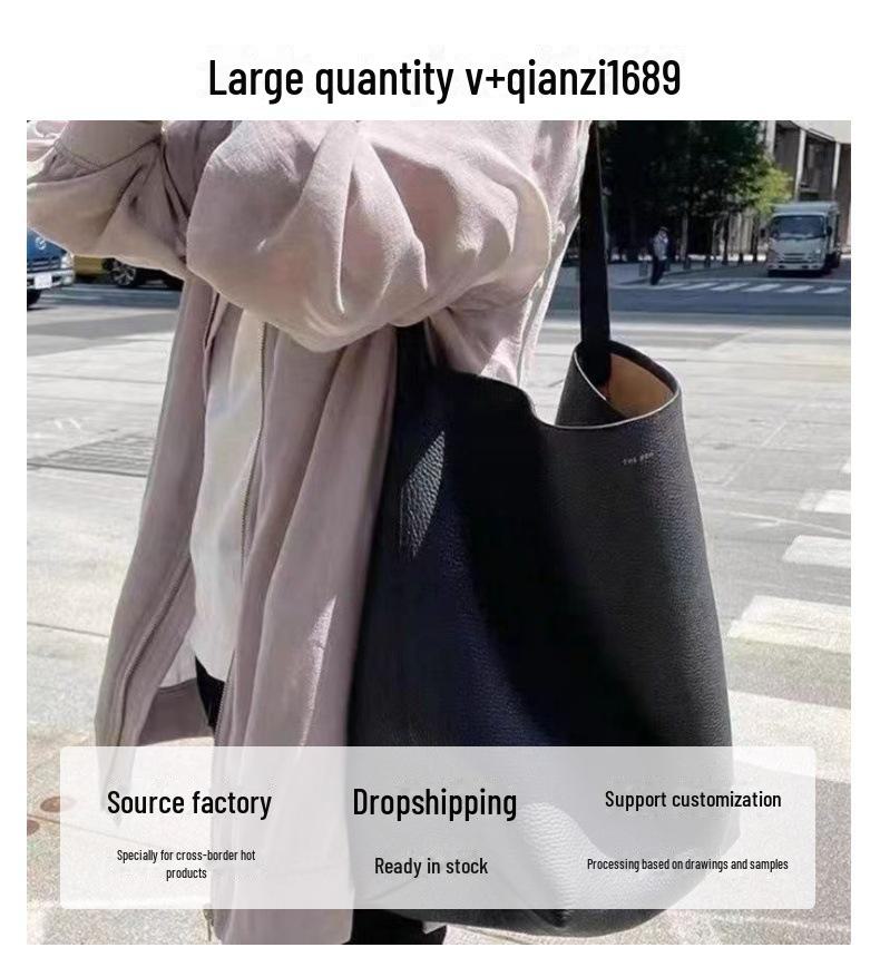 The Row Large Capacity Genuine Leather Lychee Pattern Bucket Tote for School Commuting