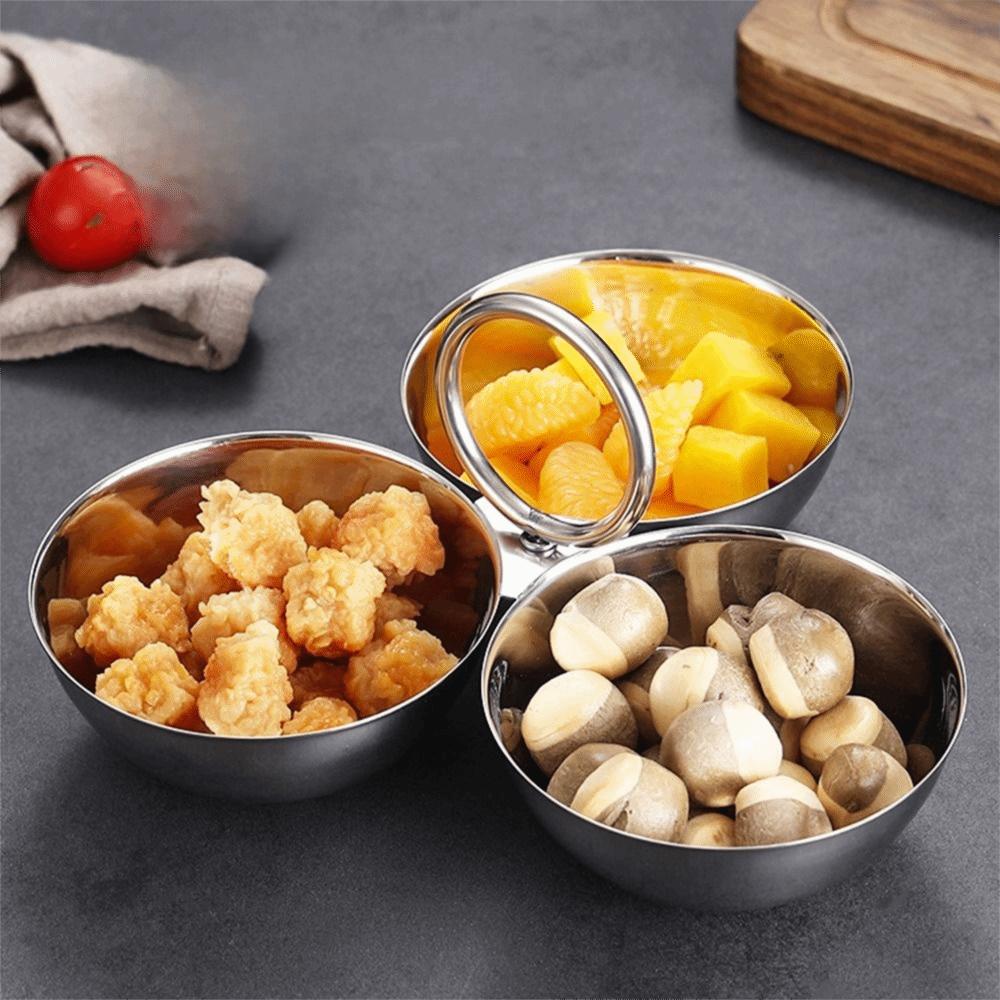 304 Stainless Steel Snack Bowl Round Bowl Circle Ring Handle Fruit Plate 3 Compartment Rust-proof Appetizer Platter Office