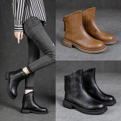 2024 Autumn and Winter New British Style Handmade Retro Fashion Leather Short Boots Lace-up Versatile Flat Women's Shoes