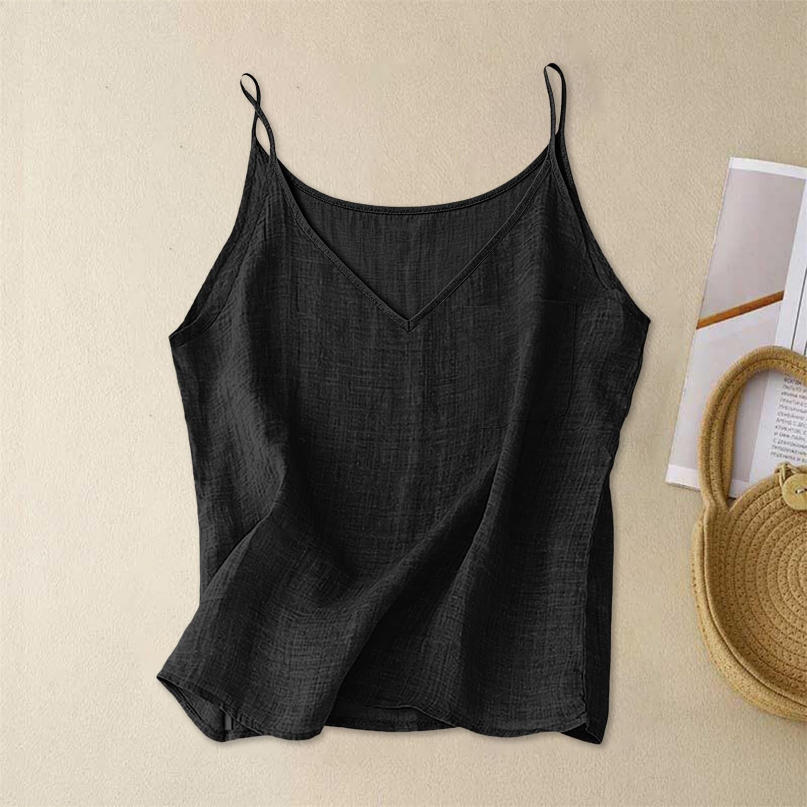 Women V Neck Sleeveless Tank Top Casual Loose Fit Linen Blend Camisole with Pocket Lightweight Summer Shirt Blouse S чёрный