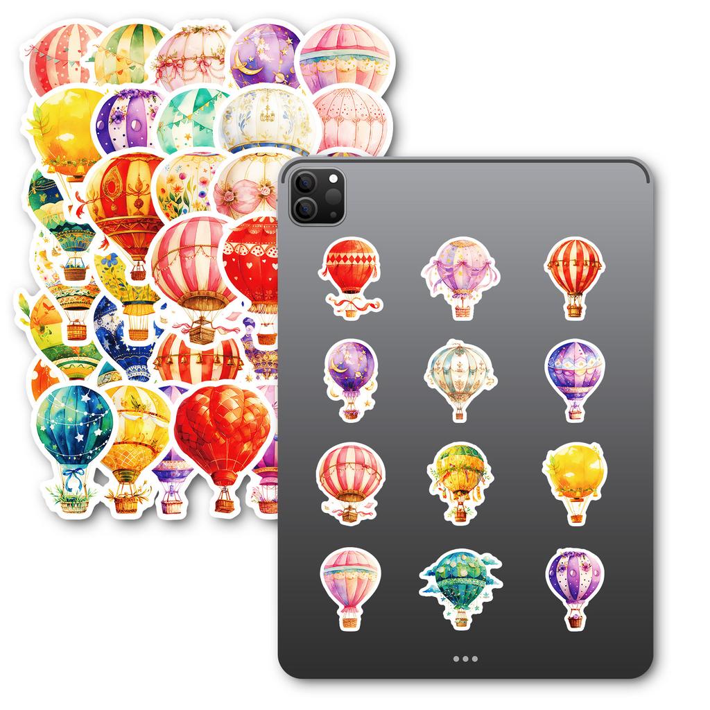 50Pcs Watercolor Hot Air Balloon Stickers – Waterproof Reusable Decals for Luggage, Laptop, Phone
