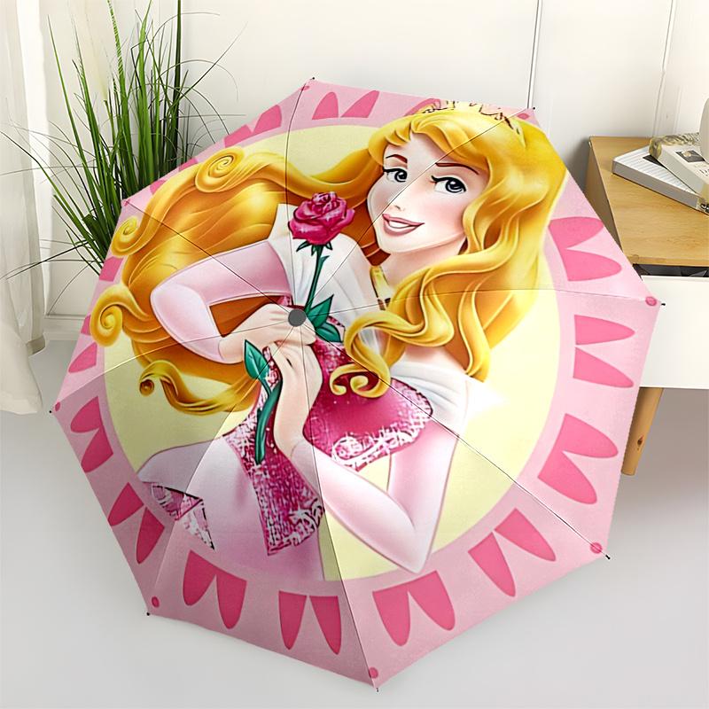 Princess Aurora, Rose Automatic Opening and Closing Umbrella - 8 Ribs Portable Folding Umbrella with Plastic Handle, Suitable for Leisure an
