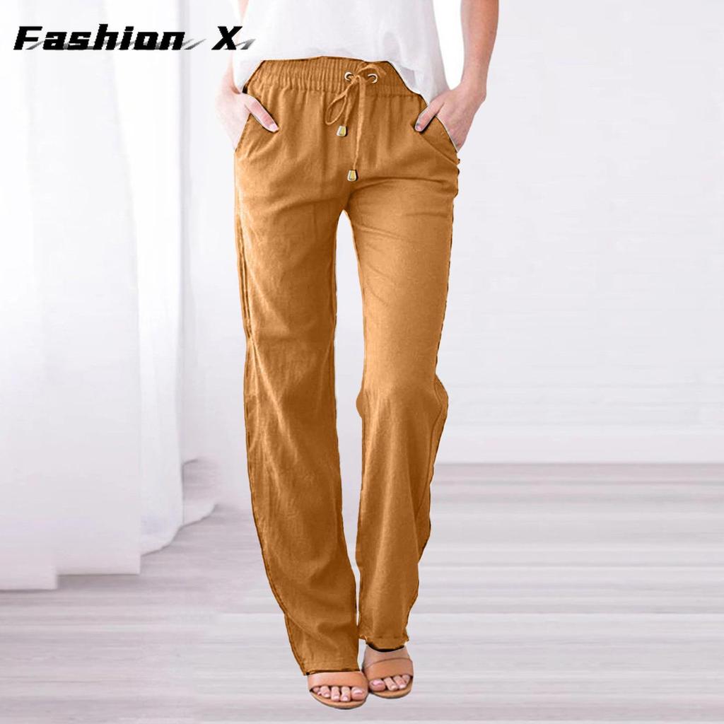 Pantaloni da donna larghi a gamba larga tinta unita cotone lino coulisse pantaloni casual
