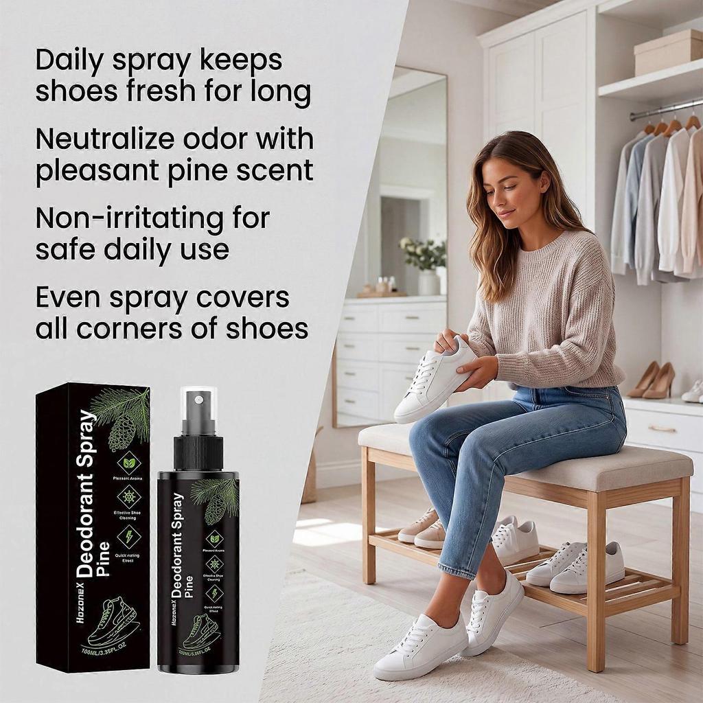 Shoe Deodorizer Spray 100ml, Pine Scent Odor Eliminator for Sneakers, Boots & Footwear, Gentle & Long-Lasting, Portable & Travel-Friendly