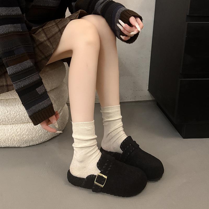 Retro fluffy bag head half slippers for women to wear autumn and winter new thick-bottomed piled cotton slippers
