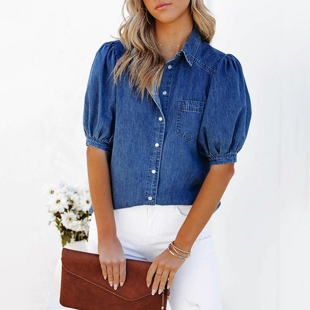 All-match Princess Sleeve Lapel Thin Denim Shirt Casual Top Trendy Women
