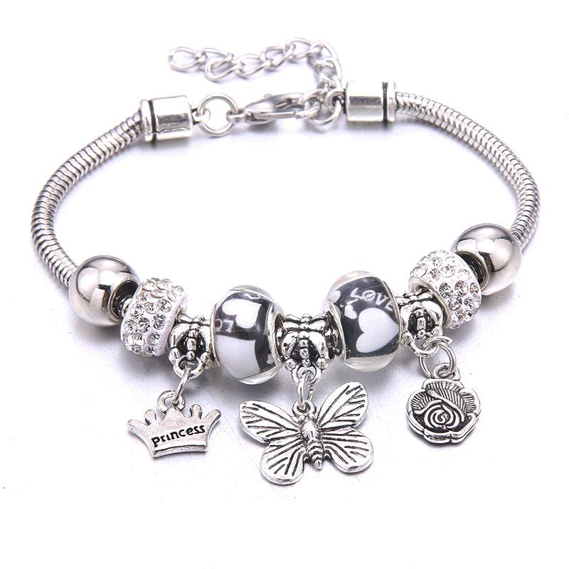 New Charm Bracelet & Bangles Jewelry White Butterfly Crown Beads Bracelets Brands Bracelets Fit Women Girl Friendship Gift
