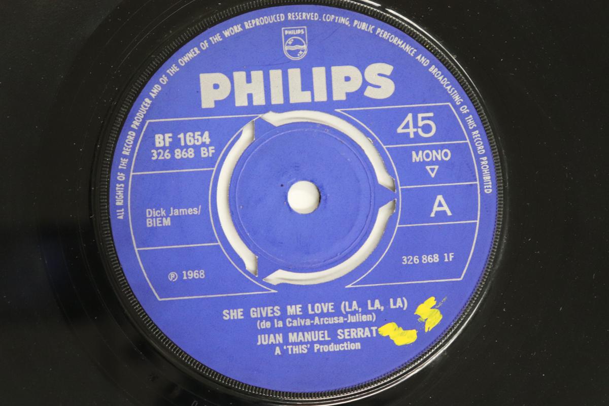 

7-дюймовая пластинка ХОАН МАНУЭЛЬ СЕРРАТ - Она дарит мне любовь (Ля, Ля, Ля) BF1654 PHILIPS 1968 UK Поп Б/У