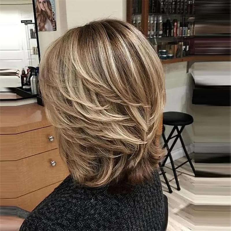 HAIRJOY Dark Gray Ombre Layered Wigs with  Bangs for Black Women Synthetic Hair Short Gray Highlight Straight  Layered Bob Wig