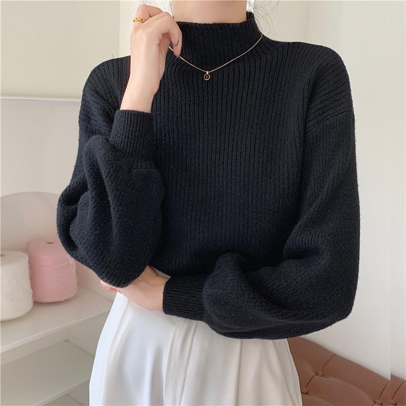 Half Turtleneck Sweater for Women Loose Solid-color Knitted Sweater for Autumn and Winter Casual Long-sleeved Pullover