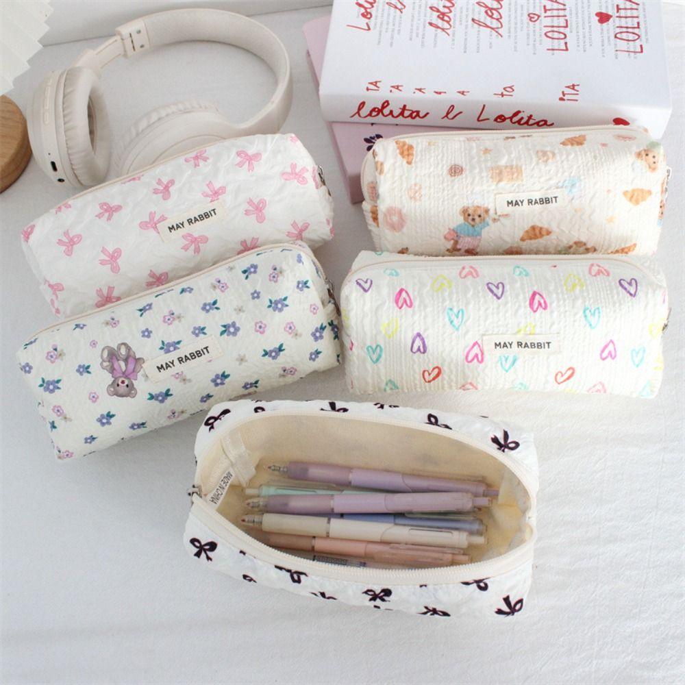 INS Bow Print Pencil Case Large Capacity Student Stationery Storage Bags Back to School Gifts