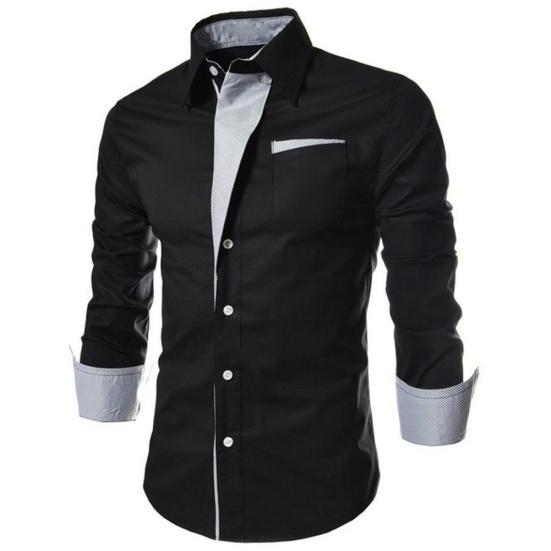 Fashion Men Stand Collar Long Sleeve Color Block Button Up Shirt Slim Fit Top
