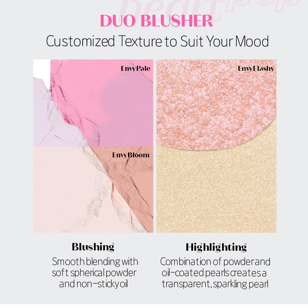 ETUDE Heart Pop Duo Brusher Envy Bloom 2 Colors Dual Korean Makeup Artist Collaboration Layering Cheek Natural Highlight Cool and Yellow Glossy