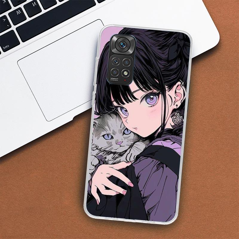 Anime Girls Cute Black Cat Phone Case For Xiaomi Redmi Note 12 12S 11 11S 10 10S 9 9S 11T 11E Pro Plus 8 8T 7 5 9T + Coque Cover