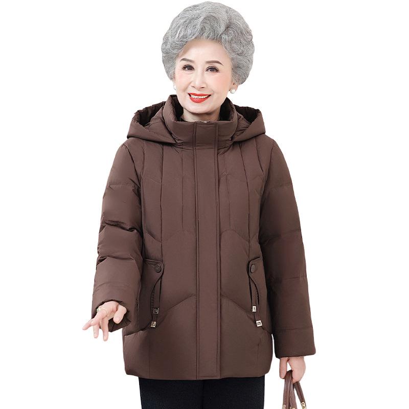 Hooded White Duck Down Jacket for Middle-Aged and Elderly Women - Short, Stylish, Thick Winter Coat for Mothers & Grandmothers