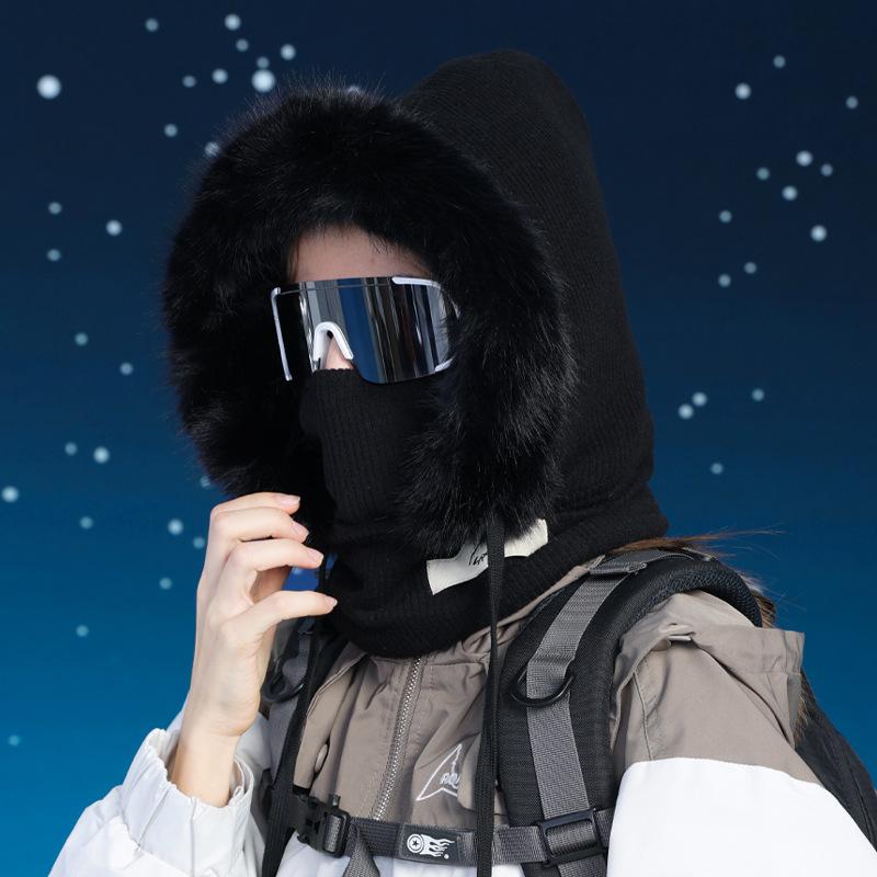 Winter mask, scarf, integrated hat, velvet, thermal ear protection, pullover hat, women's outdoor windproof face cover