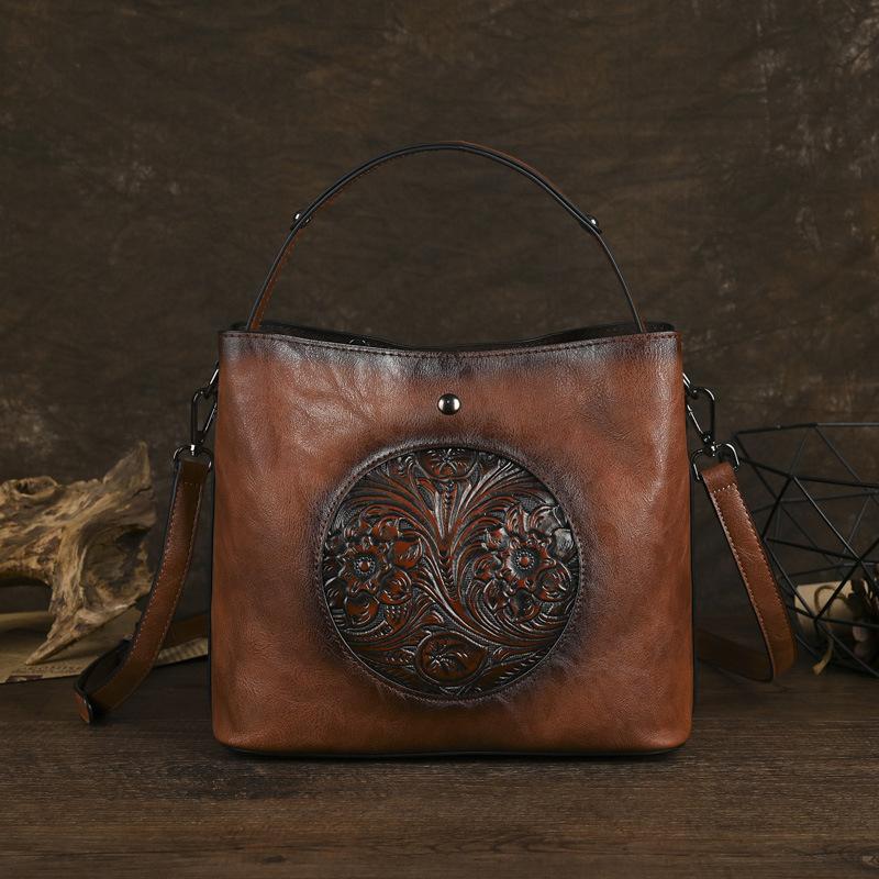 

Сумка Johnature Vintage Handbag Hand Embossed женская сумка-ведро большой вместимости универсальные сумки через плечо коричневый