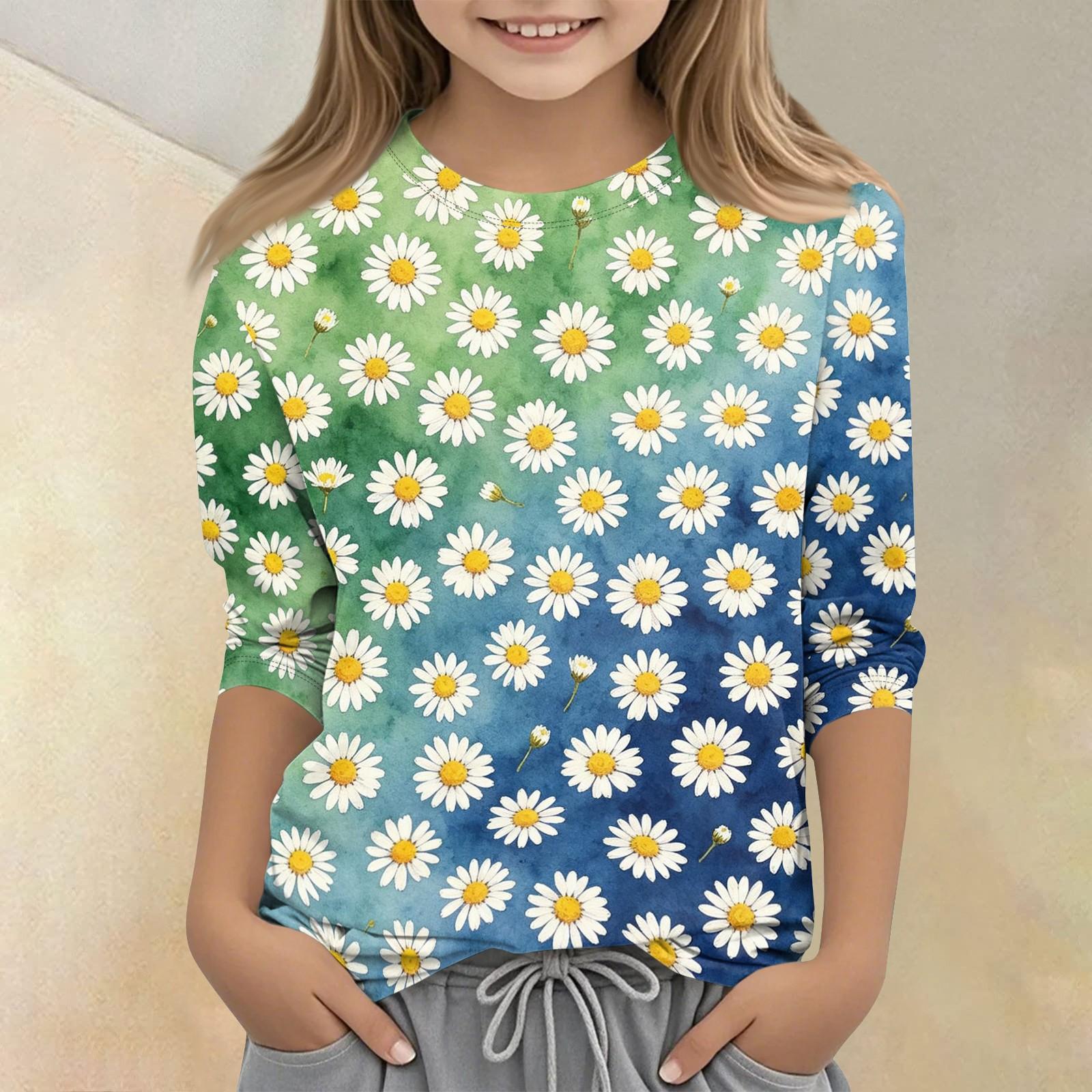 Girls Floral Print Crew Neck Three Quarter Sleeve Casual T Shirt Lightweight Comfortable Fit Soft Fabric 140