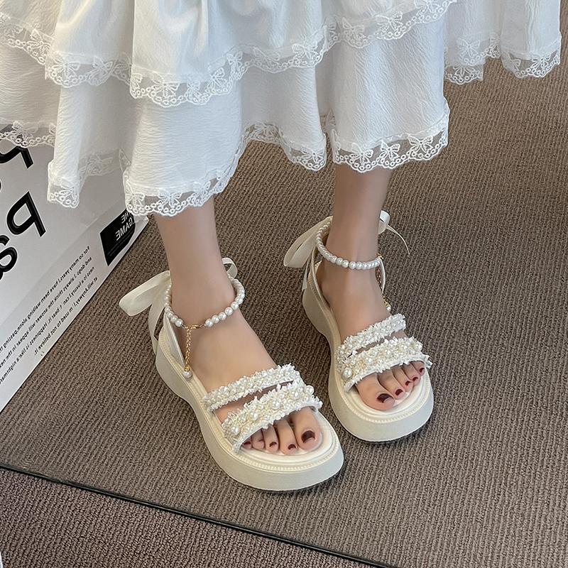 Fashion Women's Sandals Summer New Thick Bottom Round Head Open Toe Pearl Buckle Sandals Casual Fashion Soft Sole Non-slip Sandals